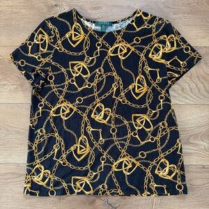 Lauren Ralph Lauren Black Gold Chain Print Short Sleeve‎ Top XL
